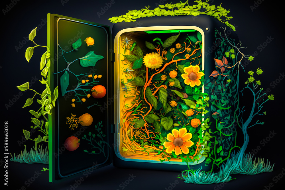 Poster open box with painting of flowers and leaves on the inside of it. generative ai.