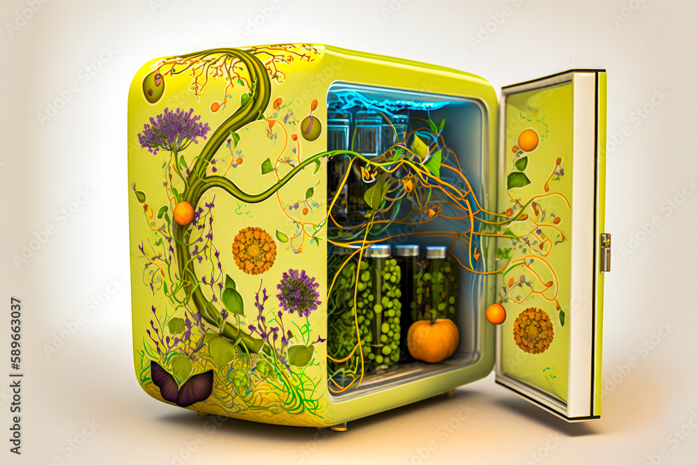 Poster open refrigerator with painting of tree on the front of it. generative ai.