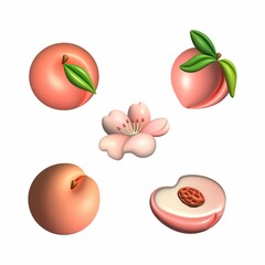 Illustration of fresh peaches and slices in a cartoon plasticine style on a white background