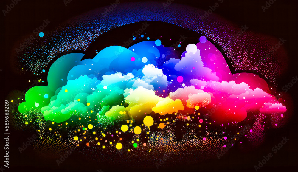 Poster rainbow colored cloud in the dark with stars and bubbles on it's side. generative ai.