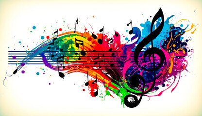 Colorful music background with musical notes and splashs of paint on white background. Generative AI.