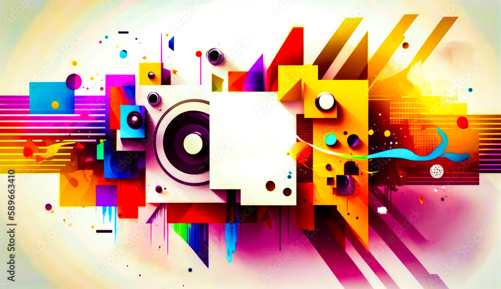 Poster colorful abstract background with speaker and lot of different colored shapes. generative ai.