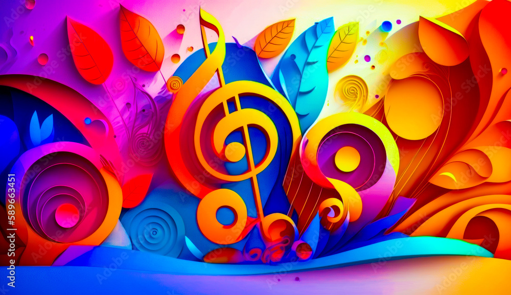 Poster colorful music background with musical notes and leaves on multicolored background. generative ai.
