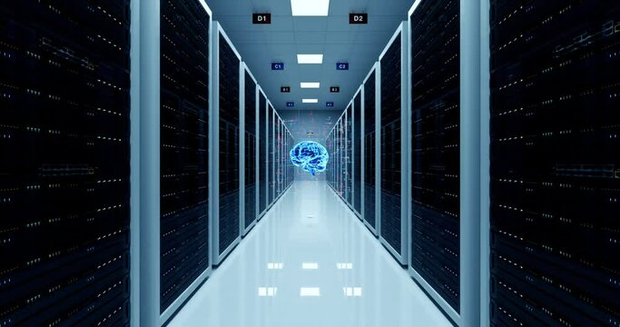 AI Network and data servers behind of glass panels. Computer racks all around. Technology Related 4K 3D Animation.