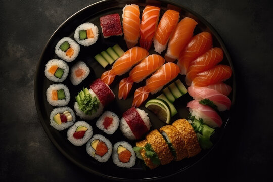 Tasty and beautiful sushi plate from the best sushi restaurant, the concept of eating tasty food, suchi food. Generative AI.