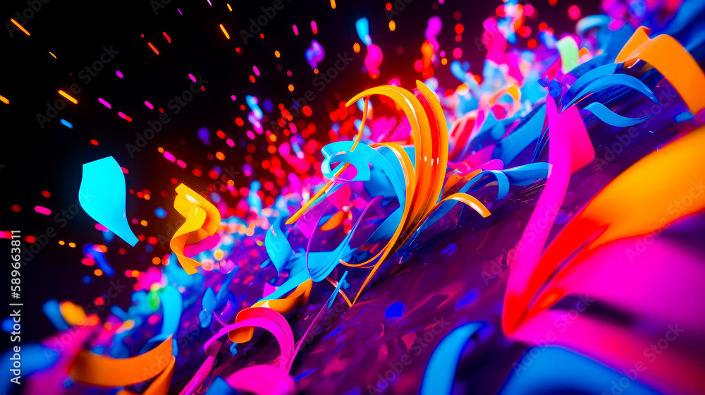 Poster colorful background with lot of streamers and confetti on it. generative ai.
