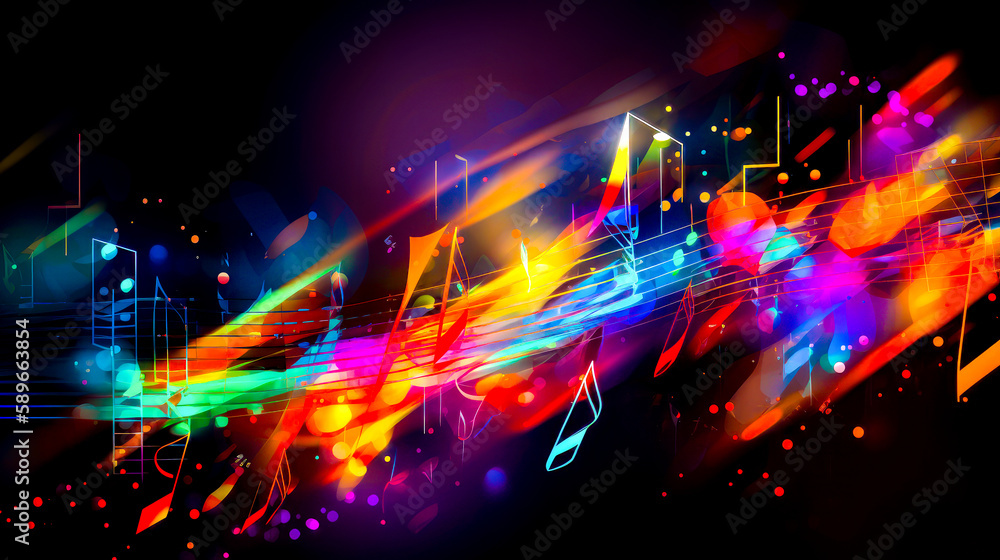 Poster colorful abstract background with music notes and lines on black background stock photo. generative 