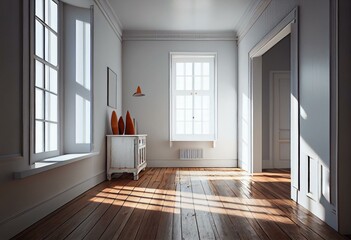 Obraz premium HDRI Environment Map. Empty White Room with Wood Floor. Window illuminates the space with bright natural Light. Generative AI