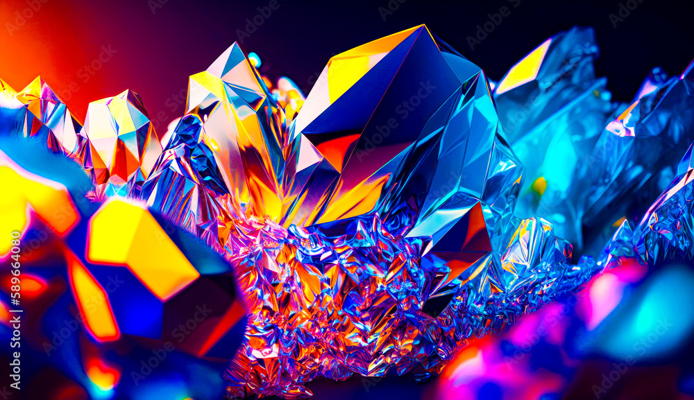 Poster bunch of different colored crystals on black background with red light. generative ai.