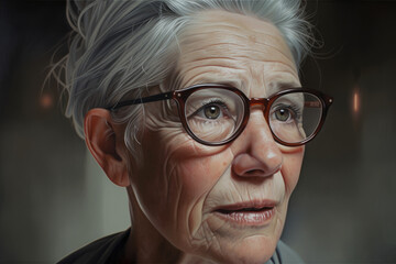 Hyperrealistic portrait of a wise-looking woman with silver hair and wrinkles, wearing spectacles and a warm smile, generative ai
