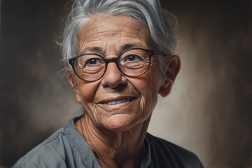 Hyperrealistic portrait of a wise-looking woman with silver hair and wrinkles, wearing spectacles and a warm smile, generative ai