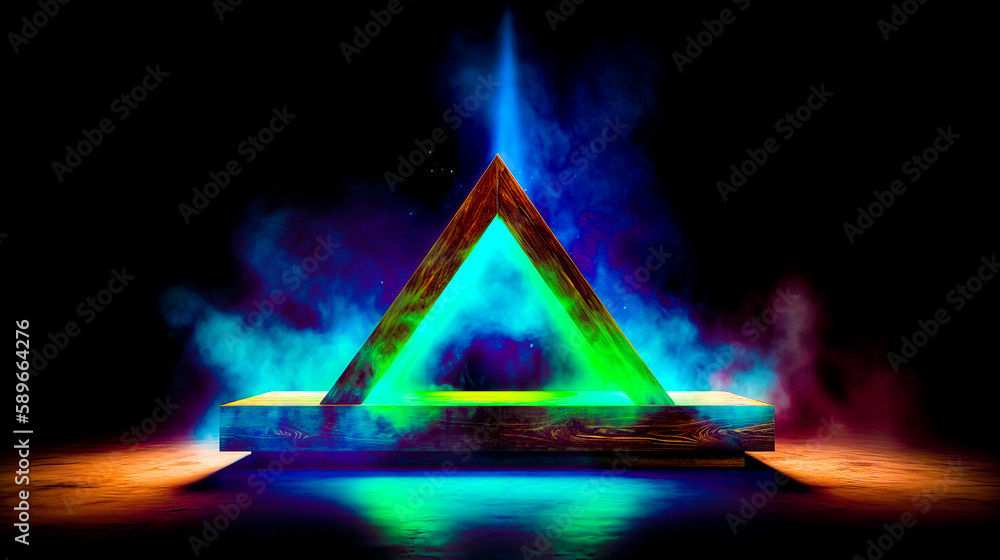 Poster triangle shaped object in the middle of body of water with blue and green smoke coming out of it. ge