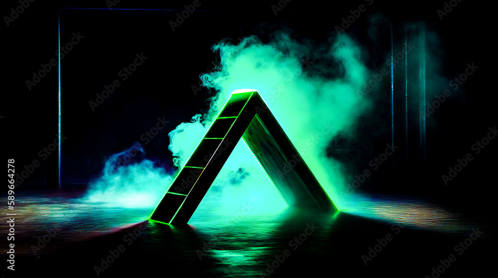Poster ladder in the middle of body of water with smoke coming out of it. generative ai.