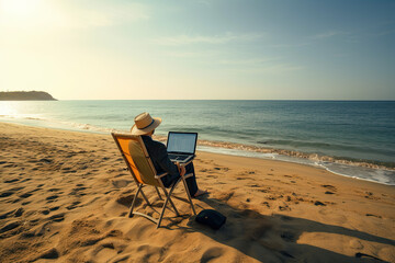 Man working on laptop on the beach in the morning. work life balance concept. Generative AI