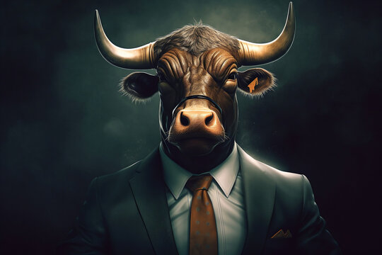 business bull, in the style of celebrity image mashups. Generative AI.