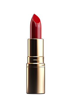 A red polish lipstick. Beautiful lipstick isolated on transparent background. Makeup product.