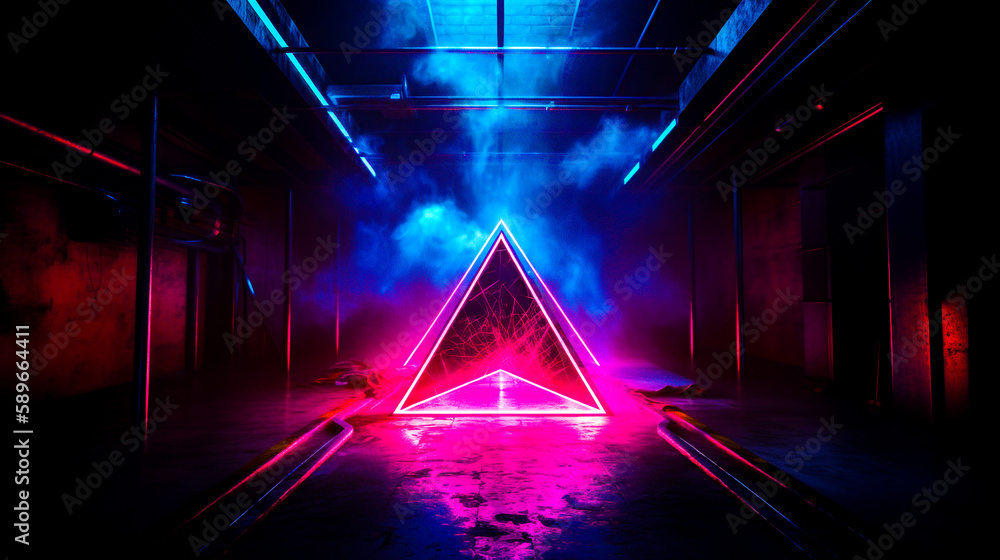 Poster dark room with neon lights and triangle shaped object in the middle. generative ai.