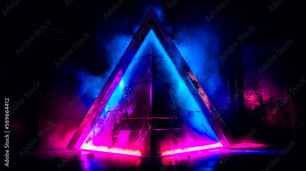 Aufkleber triangle shaped object with blue and pink lights in the middle of it. generative ai.
