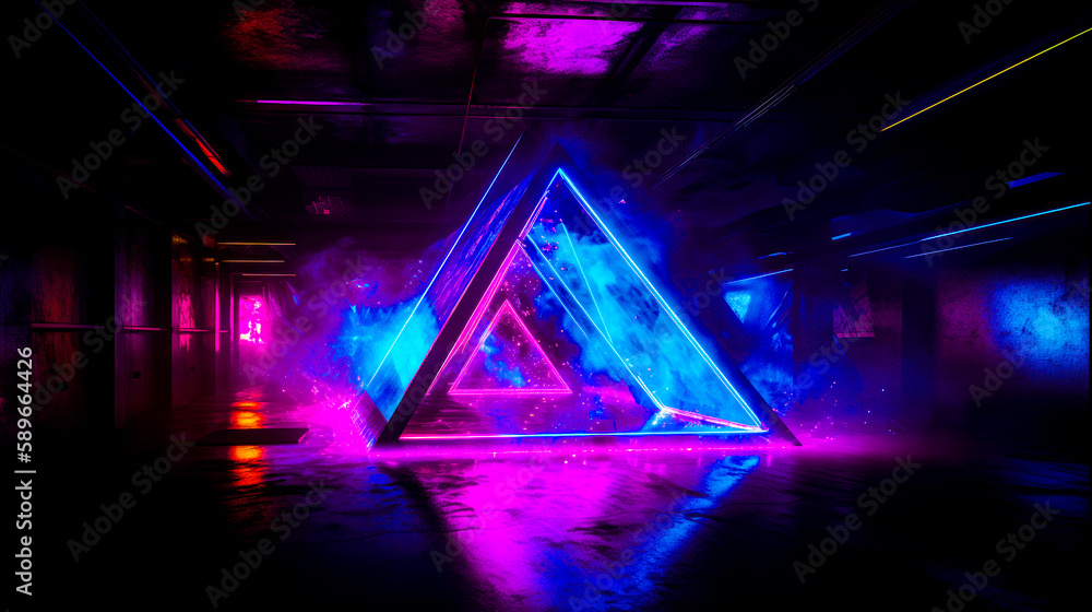 Poster large triangle with neon lights in the middle of room with black floor. generative ai.