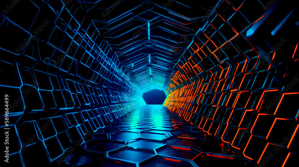 Poster dark tunnel with neon lights and hexagonal tiles on the floor. generative ai.