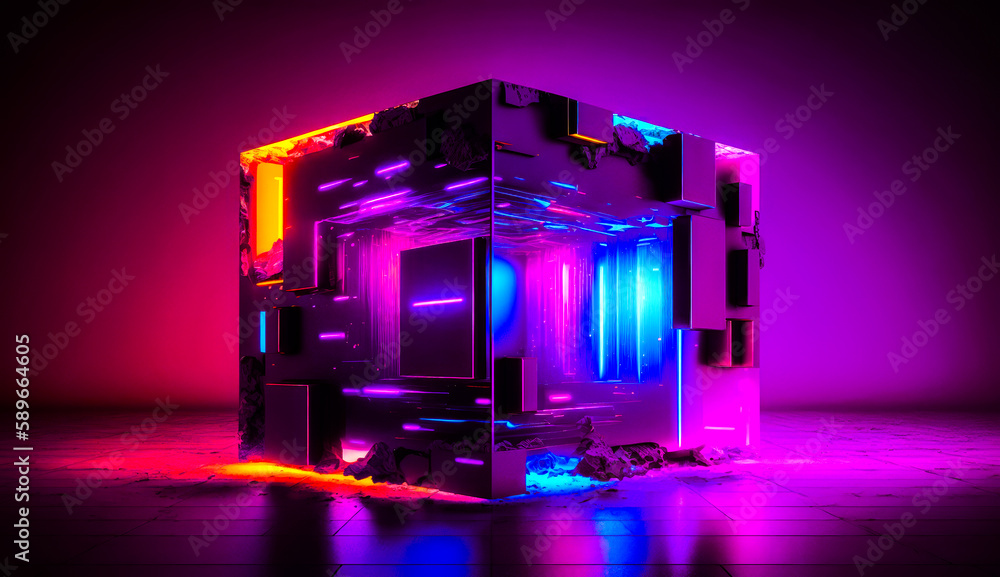 Poster computer case sitting on top of floor next to neon light. generative ai.