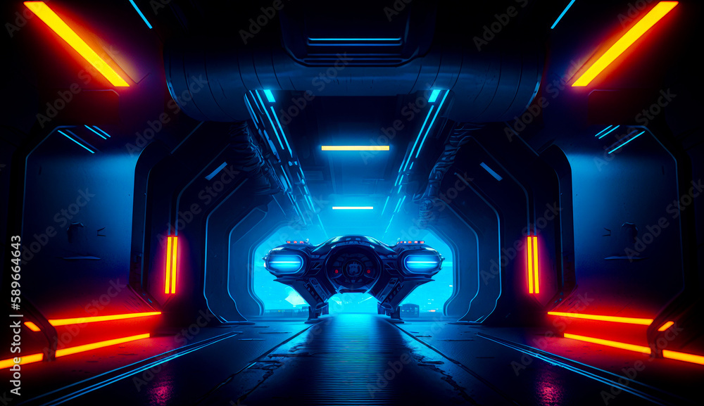 Aufkleber futuristic space station with spaceship in the middle of the room and neon lights on the ceiling. ge