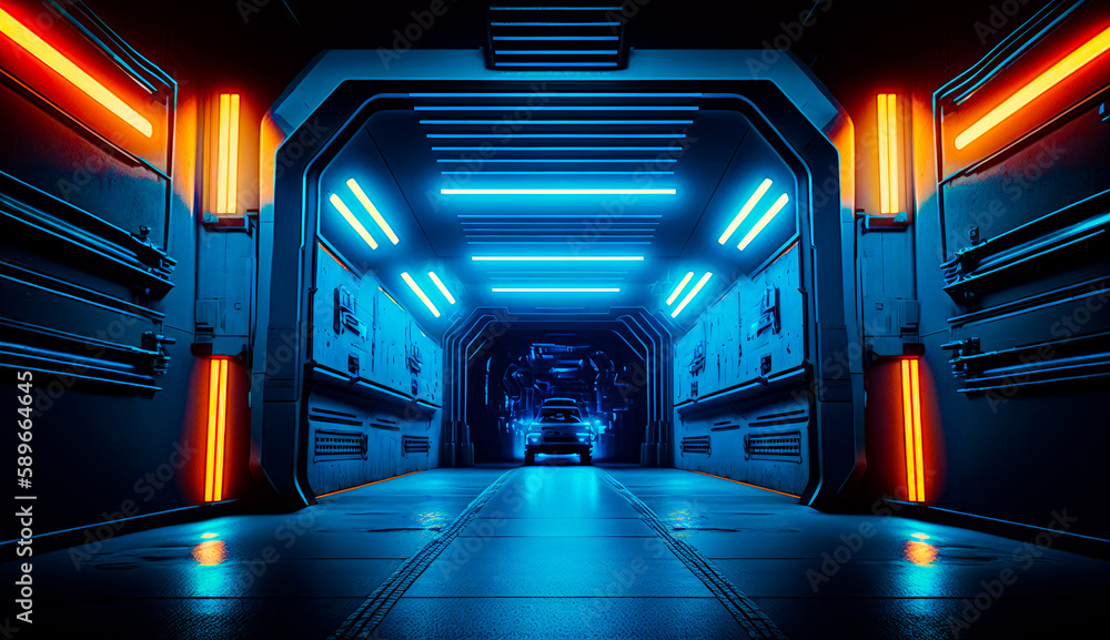 Aufkleber sci - fi tunnel with lights and car in the middle of it. generative ai.