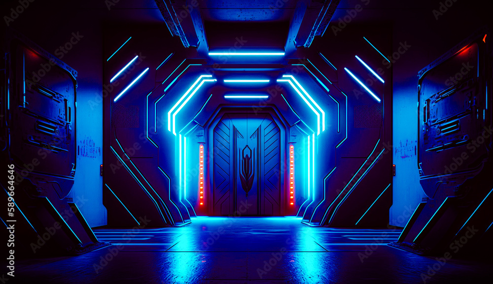 Aufkleber sci - fi tunnel with lights and car in the middle of it. generative ai