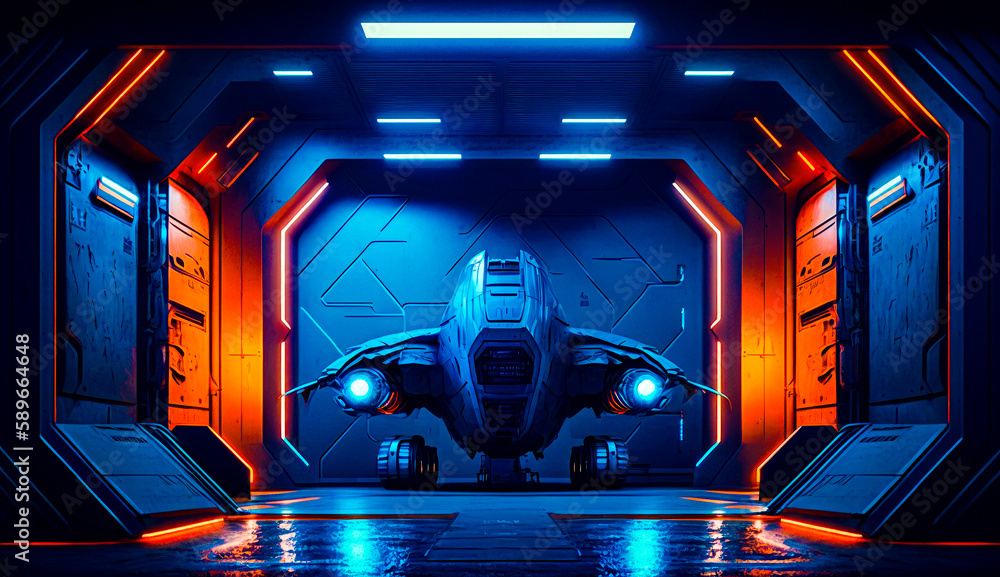 Poster futuristic space station with spaceship in the middle of the room and neon lights on the ceiling. ge