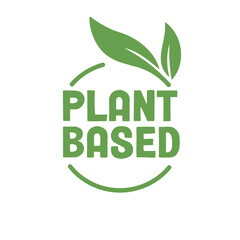 Plant based logo. Circular shape base with plant leaf. Vegan and vegetarian friendly badge.