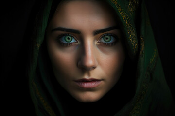 Naklejka premium Intense Portrait of a Woman with Piercing Green Eyes and a Dramatic Black Shawl Framing Her Face, generative ai
