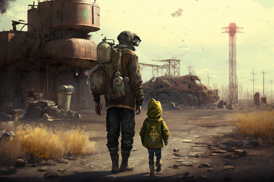 Father with child walking in postapocalyptic city ruins. World after disaster concept. Created with Generative AI.