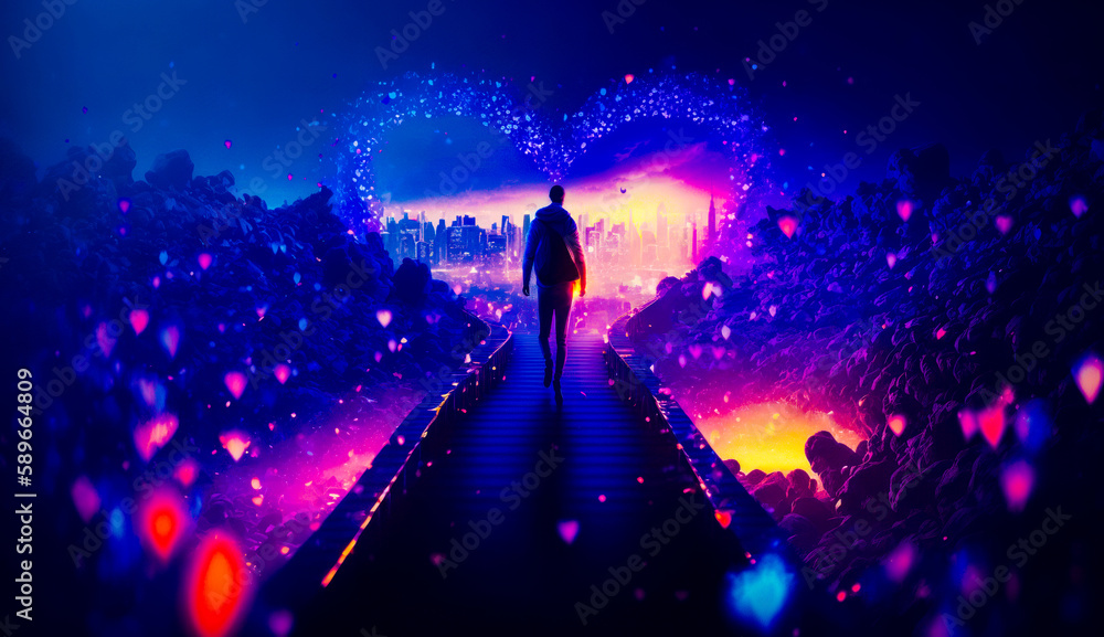 Poster man is walking down bridge in the middle of colorful landscape. generative ai.
