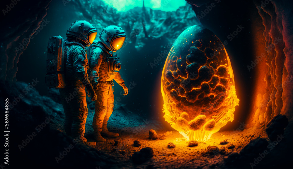 Poster two astronauts standing in front of egg on the surface of planet. generative ai.
