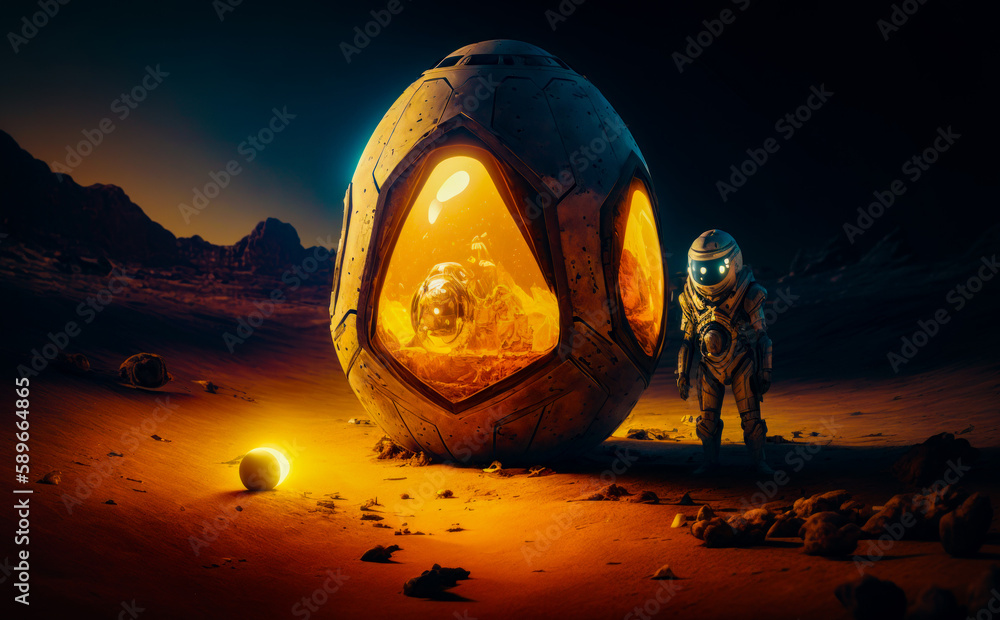 Aufkleber man in space suit standing next to large object in the desert. generative ai.