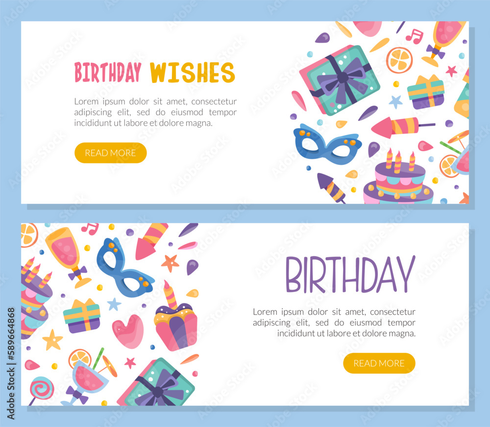 Poster happy birthday landing page with cake, gift box and carnival mask vector template