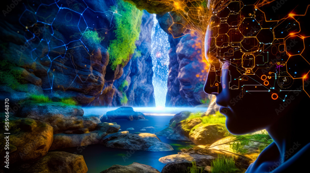 Aufkleber man's head in front of waterfall and waterfall in the background. generative ai.