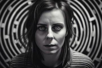 introspective portrait of a woman with a labyrinth in her eyes, symbolizing the complexity of the human psyche and the journey of self-discovery, generative ai