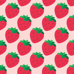 Cute strawberry seamless pattern.Pattern with sweet red strawberry with a stem on pink background. Healthy vegetarian food	