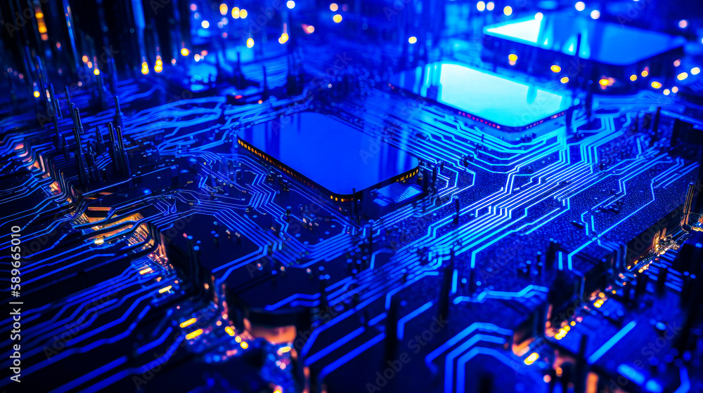 Poster close up of computer motherboard with blue lights in the background. generative ai.