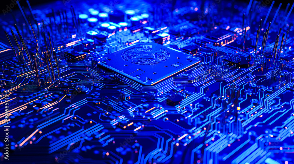 Aufkleber computer processor on top of blue and purple circuit board with lights. generative ai.