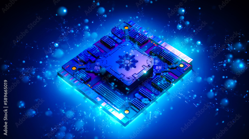 Poster computer circuit board with glowing blue lights on dark blue background with bubbles. generative ai.