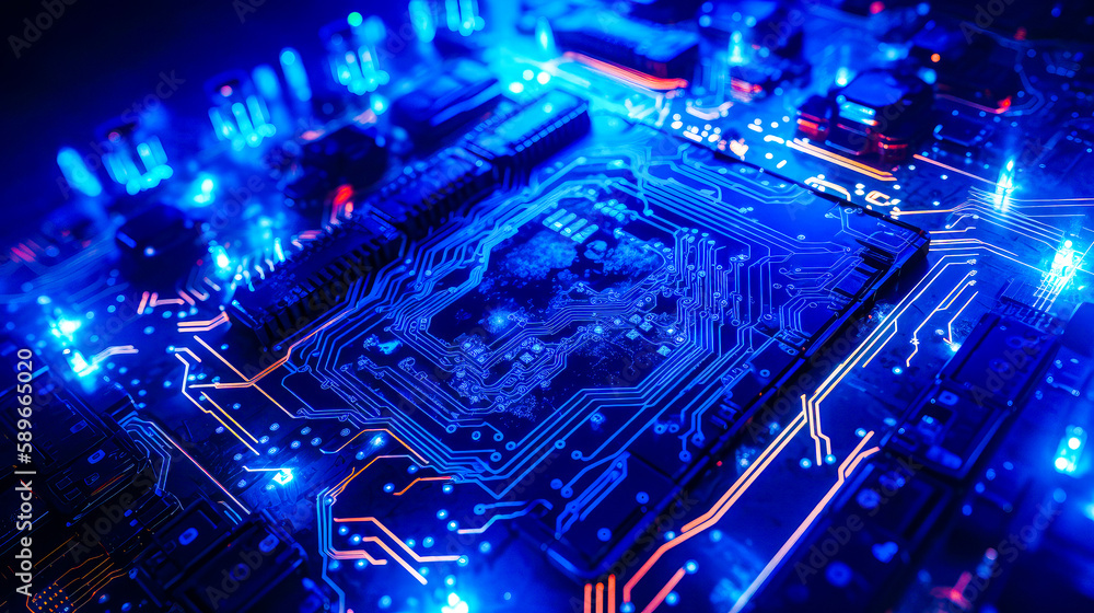 Aufkleber close up view of computer motherboard with blue and red lights. generative ai.