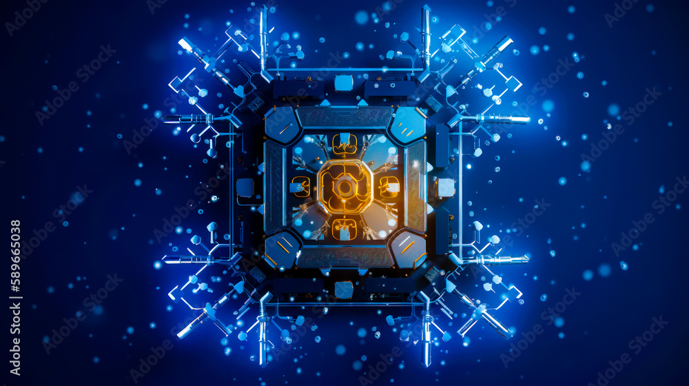 Poster abstract image of clock in the middle of blue and black background. generative ai.