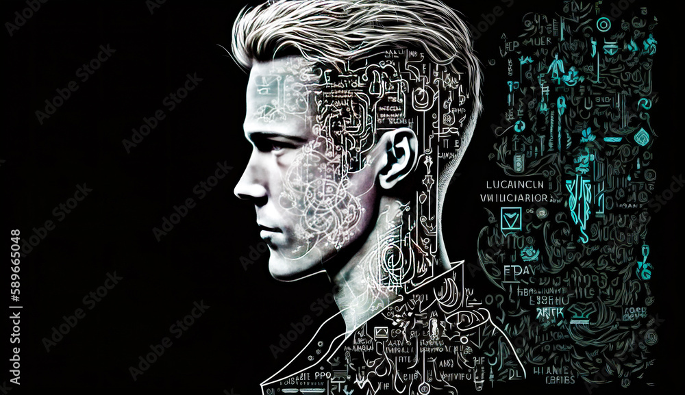 Poster man's face with lot of letters all over it and the words above him. generative ai.