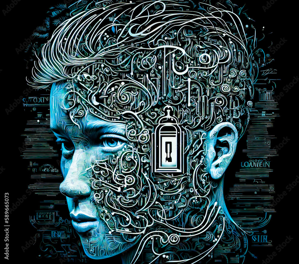 Poster drawing of man's head with lock inside of it. generative ai.