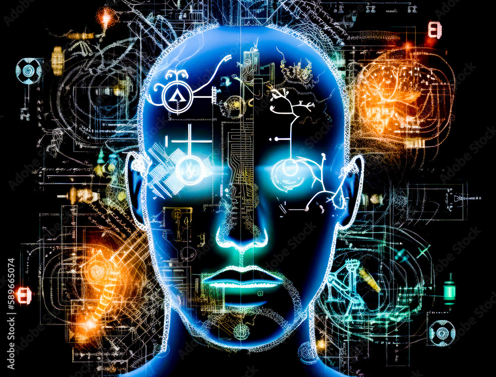 Poster man's head with lot of technological symbols around it and the image of man's head with lot of techn