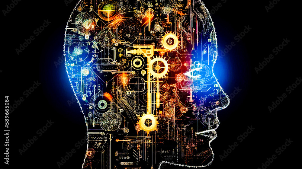 Poster man's head with gears in the shape of human head. generative ai.
