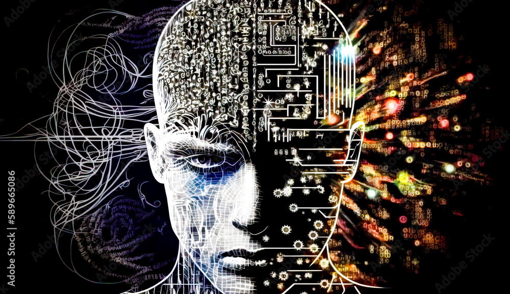 Poster man's head with lot of electronic symbols in the background. generative ai.