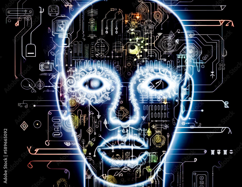 Poster man's face with lot of electronic symbols in the background. generative ai.